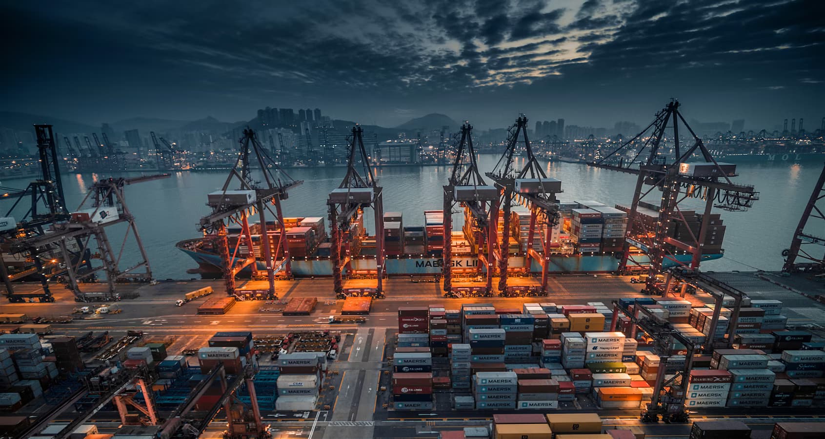Global Shipping Port at Twilight